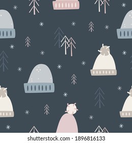 winter pattern with cartoon hats. Cold winter. knitwear