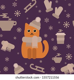 Winter pattern with cat and attributes of winter in shades of beige