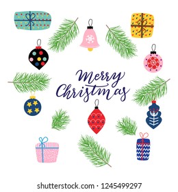 Winter pattern with Christmas decorations (small Christmas gifts, red Christmas balls, Christmas decorations and green pine branches ) on white background.