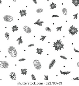 Winter pattern Christmas pattern. Hand drawn conifers: fir, larch, juniper, pine, spruce. Sketch vector illustration. Conifers branches, cones