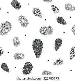 Winter pattern Christmas pattern. Hand drawn conifers: fir, larch, juniper, pine, spruce. Sketch vector illustration. Conifers branches, cones