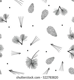 Winter pattern Christmas pattern. Hand drawn conifers: fir, larch, juniper, pine, spruce. Sketch vector illustration. Conifers branches, cones