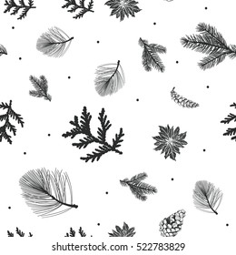 Winter pattern Christmas pattern. Hand drawn conifers: fir, larch, juniper, pine, spruce. Sketch vector illustration. Conifers branches, cones