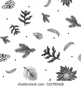 Winter pattern Christmas pattern. Hand drawn conifers: fir, larch, juniper, pine, spruce. Sketch vector illustration. Conifers branches, cones