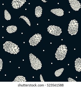 Winter pattern Christmas pattern. Hand drawn conifers: fir, larch, juniper, pine, spruce. Sketch vector illustration. Conifers branches, cones