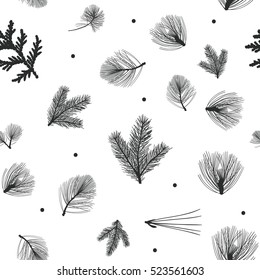 Winter pattern Christmas pattern. Hand drawn conifers: fir, larch, juniper, pine, spruce. Sketch vector illustration. Conifers branches, cones