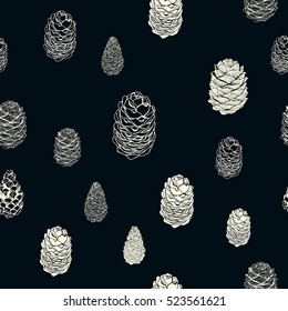 Winter pattern Christmas pattern. Hand drawn conifers: fir, larch, juniper, pine, spruce. Sketch vector illustration. Conifers branches, cones