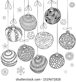 Winter pattern with Christmas hand-drawn decorative elements in vector. Christmas ballss and snowflakes. Coloring book page for adults. Black and white.