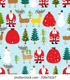 Winter pattern for Christmas and new year. Seamless background from elements of feast: Santa Claus and reindeer. Bag of gifts and Elf. Christmas tree and snowman.