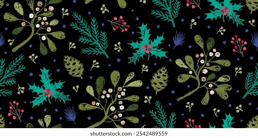 Winter pattern. Christmas seamless floral background. Crayon mistletoe forest. Holiday vector print with plant. Vintage holly berry winter seamless pattern. Christmas flower. Chalk on floral black bg