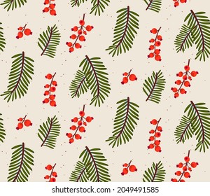 Winter pattern, christmas tree branches and red berries. Nature minimal print design for wrapping paper and Christmas decorations