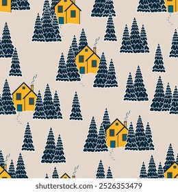 Patrón de invierno con árbol de Navidad y casa. Ilustraciones vectoriales