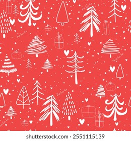 Winter pattern with christmas trees, gifts, hearts, snow and word ho ho ho. Christmas hand drawn pattern on red backgroud for wrapping paper, fabric.