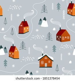 Winter pattern with Christmas trees and house. Vector illustrations