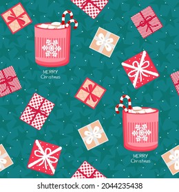 Winter pattern with coffee cups, gifts and stars. Design for seasonal textile, prints, scrapbook, greeting card, wrapping paper.