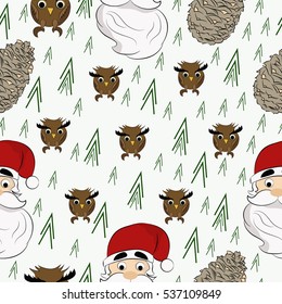 Winter pattern with cones and owls with Santa. Seamless background in vector
