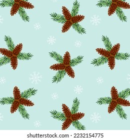 Patrón invernal con conos y copos de nieve. Patrón transparente en la ilustración del vector de fondo azul.