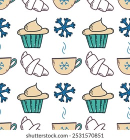 Winter pattern with cupcakes, snowflakes, coffee mugs, croissants in pastel colors