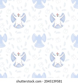 Winter pattern with cute characters. Seamless pattern with polar bears, snow angels on a white background. Vector print.