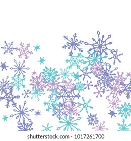 Winter Pattern with Cute Doodle Snowflakes. Christmas Background. Frosty Cartoon Texture in Trendy Style. Blue Vector Snowflakes for Card Design. Abstract New Year Background