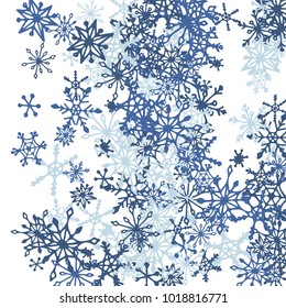 Winter Pattern with Cute Doodle Snowflakes. Christmas Background. Frosty Cartoon Texture in Trendy Style. Blue Vector Snowflakes for Card Design. Abstract New Year Background