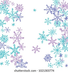 Winter Pattern with Cute Doodle Snowflakes. Christmas Background. Frosty Cartoon Texture in Trendy Style. Blue Vector Snowflakes for Card Design. Abstract New Year Background