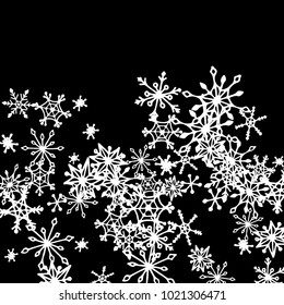 Winter Pattern with Cute Doodle Snowflakes. Christmas Background. Frosty Cartoon Texture in Trendy Style. Black and White Vector Snowflakes for Card Design. Abstract New Year Background