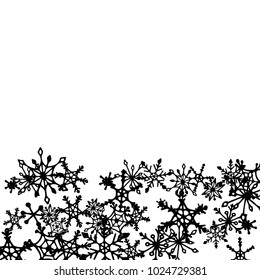 Winter Pattern with Cute Doodle Snowflakes. Christmas Background. Frosty Cartoon Texture in Trendy Style. Black and White Vector Snowflakes for Card Design. Abstract New Year Background