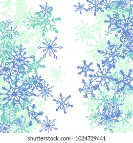 Winter Pattern with Cute Doodle Snowflakes. Christmas Background. Frosty Cartoon Texture in Trendy Style. Blue Vector Snowflakes for Card Design. Abstract New Year Background