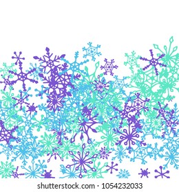 Winter Pattern with Cute Doodle Snowflakes. Christmas Background. Frosty Cartoon Texture in Trendy Style. Blue Vector Snowflakes for Card Design. Abstract New Year Background