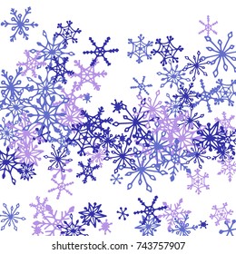 Winter Pattern with Cute Doodle Snowflakes. Christmas Background. Frosty Cartoon Texture in Trendy Style. Blue Vector Snowflakes for Card Design. Abstract New Year Background