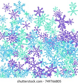 Winter Pattern with Cute Doodle Snowflakes. Christmas Background. Frosty Cartoon Texture in Trendy Style. Blue Vector Snowflakes for Card Design. Abstract New Year Background