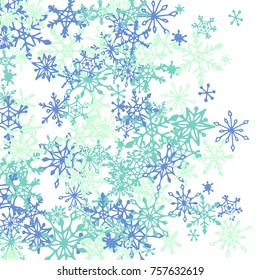 Winter Pattern with Cute Doodle Snowflakes. Christmas Background. Frosty Cartoon Texture in Trendy Style. Blue Vector Snowflakes for Card Design. Abstract New Year Background