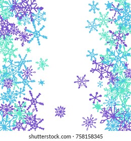 Winter Pattern with Cute Doodle Snowflakes. Christmas Background. Frosty Cartoon Texture in Trendy Style. Blue Vector Snowflakes for Card Design. Abstract New Year Background
