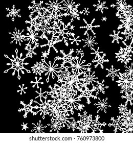 Winter Pattern with Cute Doodle Snowflakes. Christmas Background. Frosty Cartoon Texture in Trendy Style. Black and White Vector Snowflakes for Card Design. Abstract New Year Background