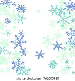 Winter Pattern with Cute Doodle Snowflakes. Christmas Background. Frosty Cartoon Texture in Trendy Style. Blue Vector Snowflakes for Card Design. Abstract New Year Background
