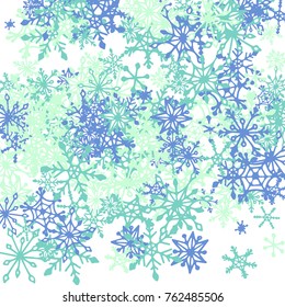 Winter Pattern with Cute Doodle Snowflakes. Christmas Background. Frosty Cartoon Texture in Trendy Style. Blue Vector Snowflakes for Card Design. Abstract New Year Background