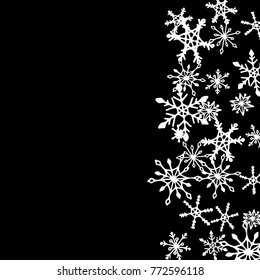 Winter Pattern with Cute Doodle Snowflakes. Christmas Background. Frosty Cartoon Texture in Trendy Style. Black and White Vector Snowflakes for Card Design. Abstract New Year Background