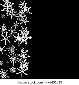 Winter Pattern with Cute Doodle Snowflakes. Christmas Background. Frosty Cartoon Texture in Trendy Style. Black and White Vector Snowflakes for Card Design. Abstract New Year Background