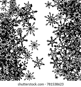 Winter Pattern with Cute Doodle Snowflakes. Christmas Background. Frosty Cartoon Texture in Trendy Style. Black and White Vector Snowflakes for Card Design. Abstract New Year Background