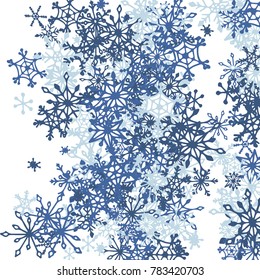 Winter Pattern with Cute Doodle Snowflakes. Christmas Background. Frosty Cartoon Texture in Trendy Style. Blue Vector Snowflakes for Card Design. Abstract New Year Background