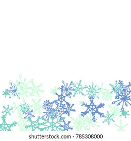 Winter Pattern with Cute Doodle Snowflakes. Christmas Background. Frosty Cartoon Texture in Trendy Style. Blue Vector Snowflakes for Card Design. Abstract New Year Background