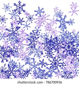 Winter Pattern with Cute Doodle Snowflakes. Christmas Background. Frosty Cartoon Texture in Trendy Style. Blue Vector Snowflakes for Card Design. Abstract New Year Background