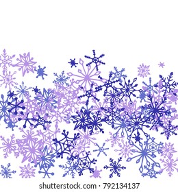 Winter Pattern with Cute Doodle Snowflakes. Christmas Background. Frosty Cartoon Texture in Trendy Style. Blue Vector Snowflakes for Card Design. Abstract New Year Background