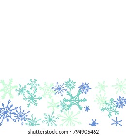 Winter Pattern with Cute Doodle Snowflakes. Christmas Background. Frosty Cartoon Texture in Trendy Style. Blue Vector Snowflakes for Card Design. Abstract New Year Background