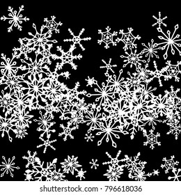 Winter Pattern with Cute Doodle Snowflakes. Christmas Background. Frosty Cartoon Texture in Trendy Style. Black and White Vector Snowflakes for Card Design. Abstract New Year Background