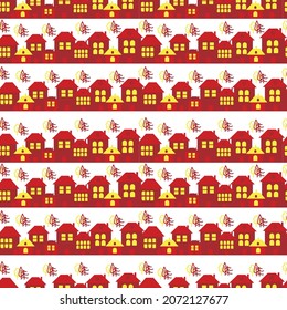 Winter pattern with cute houses in a row, small trees. Geometry. Christmas elements, vector illustration.