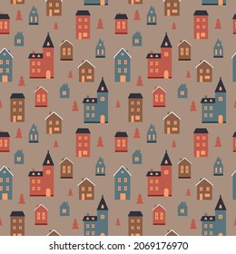 Winter pattern with cute houses, small towm, christmas elements, vector illustration