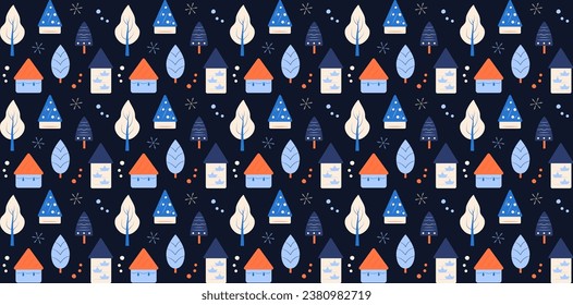 Winter pattern with cute houses and trees. Design for fabric, textile, wrapping, apparel, wallpaper. Vector illustration.