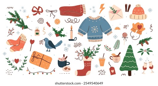 Patrón de invierno, ilustración linda. árbol, estrellas, puntos, nieve, diseño simple. garabatos dibujados a mano están aislados sobre un fondo blanco. Un concepto de tendencia para la impresión, Anuncios, redes sociales, carteles. Vector